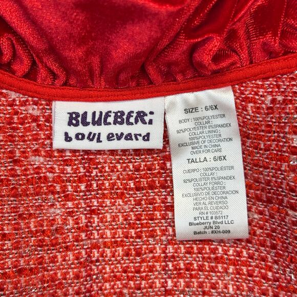 Blueberi Boulevard Tweed Coat Girl 6 Red White Silver Velour Trim Jacket Holiday - Picture 9 of 11